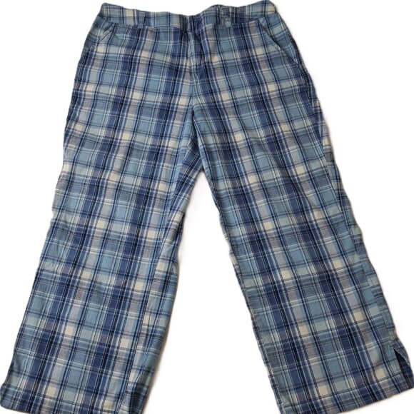 Womens Cotton Crop Pants Size 12 Stretch Blue Plaid Cherokee Summer Pool Golf - Picture 1 of 9